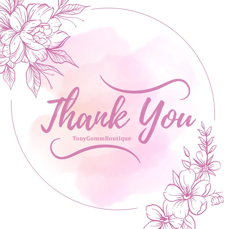 Op de afbeelding: Een ontwerp met een roze aquarel achtergrond en bloemmotieven. De tekst "Thank You" is in een sierlijk lettertype geschreven, met de winkelnaam "TonyGommBoutique" eronder.