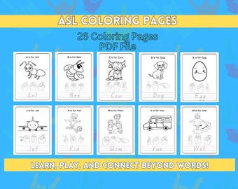 ¡Aprenda lenguaje de señas con 26 divertidas páginas para colorear de la A a la Z! Cada página enseña una letra y su signo de lenguaje de señas, ¡combinando creatividad y aprendizaje para los niños!