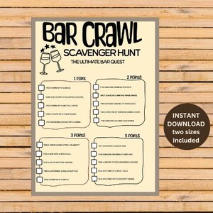 Bar Crawl Bingo, Fun Bar Game for a Girls Night Out, Ladies Night Scavenger Hunt, Bachelorette Drinking Games, Printable, Digital Download