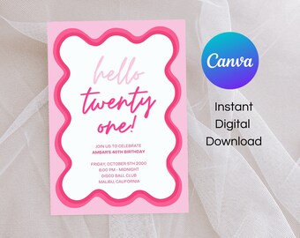 Hello Birthday Invitation, Pink Birthday invitation, wavy birthday party, editable invitation, digital template, INSTANT DOWNLOAD