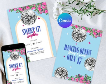 Op de afbeelding: Twee uitnodigingen voor een Sweet 17 feest met een discobal thema. De uitnodigingen zijn blauw met roze bloemen en een zilveren discobal. De tekst op de uitnodigingen luidt "Sweet 17! Sophia" en "Dancing Queen Young & Sweet Only 17".