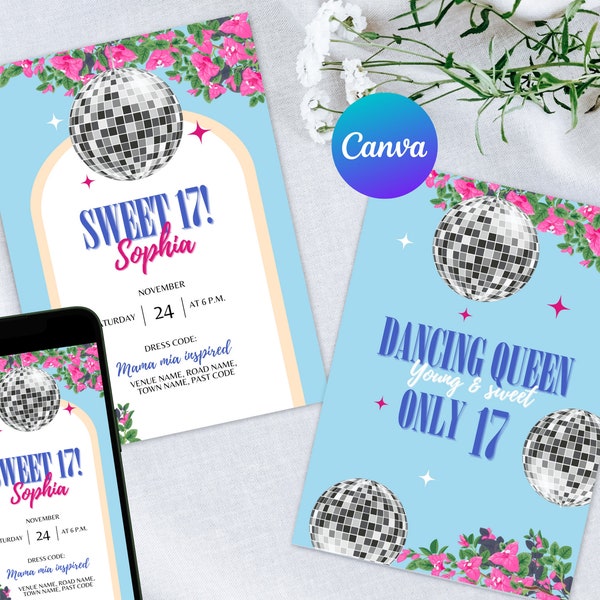 Mamma mia, Dancing Queen, Mamma mia Sweet 16 invite, Mobile Invitation, e-invite Phone Invitations, printable, Mamma Mia Disco, Greece