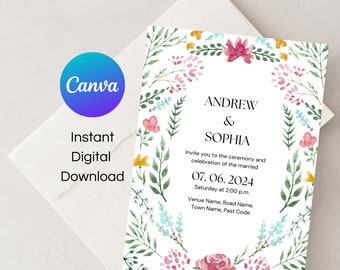Wildblumen Hochzeit Einladung Vorlage Set, druckbare Hochzeit Iinvitation, Hochzeitseinladung, Boho Wildblumen Einladung, Blumenkranz