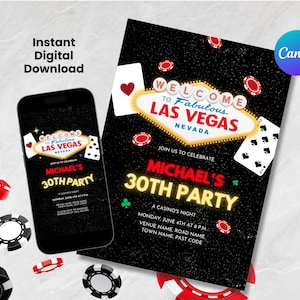 Kasyno Urodziny Canva Zaproszenie Każdy wiek NATYCHMIASTOWE POBIERANIE Las Vegas Karty Impreza Do Wydruku Personalizuj Kobiety Mężczyźni Edytuj Do Wydruku Cyfrowe