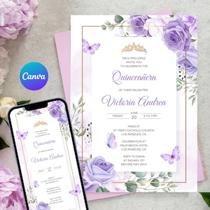 Invitation quinceanera purple Gold Lilac Floral Editable Canva Template Butterflies  Mis Quince 15 Anos Editable Birthday Invite Tiara Crown