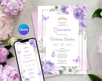 May include: Purple and gold Quinceañera invitation with a floral design and butterflies. The invitation includes the text "MR & MRS LOPEZ INVITE YOU TO CELEBRATE THE QUINCEAÑERA OF THEIR DAUGHTER VICTORIA ANDREA" and details about the event.