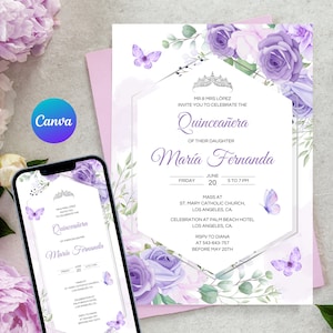 butterfly invitation quinceanera digital silver Lilac Floral Editable Canva Template Mis Quince 15 Anos Editable Birthday Invite Tiara Crown