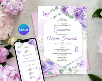 May include: Purple and white floral Quinceañera invitation with a silver crown and butterflies. The invitation includes the text "MR & MRS LOPEZ INVITE YOU TO CELEBRATE THE QUINCEAÑERA OF THEIR DAUGHTER MARIA FERNANDA FRIDAY JUNE 20 5 TO 7 PM MASS AT ST. MARY CATHOLIC CHURCH, LOS ANGELES, CA CELEBRATION AT PALM BEACH HOTEL, LOS ANGELES, CA RSPV TO DIANA AT 543-643-757 BEFORE MAY 20TH"