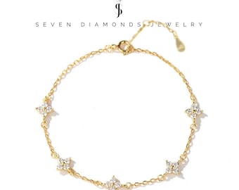 Cloverleaf Bracelet Diamond - 18k Gold Plated / 925 Silver - Cleef / Glove / Monogram / Glover / Louis - Hypoallergenic & Waterproof / 16-19 cm