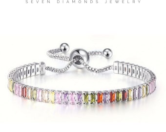 Rainbow Tennis Bracelet, Gold Tennis Bracelet, Cubic Zirconia Tennis Bracelet, Dainty Bracelet, Diamond Bracelet, Silver & Rose Gold