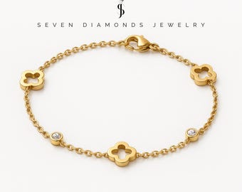 Cloverleaf Bracelet Diamond - 18 Gold Plated / Sterling Steel - Cleef / Glove / Monogram / Hypoallergenic & Waterproof
