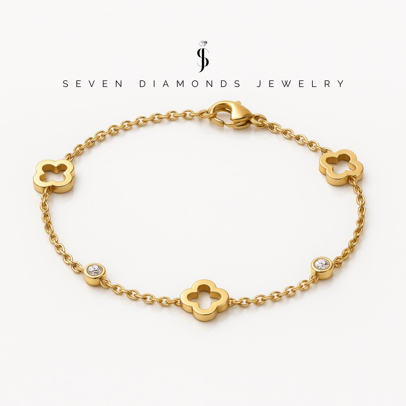 Cloverleaf Bracelet Diamond - 18 Gold Plated / Sterling Steel - Cleef / Glove / Monogram / Hypoallergenic & Waterproof
