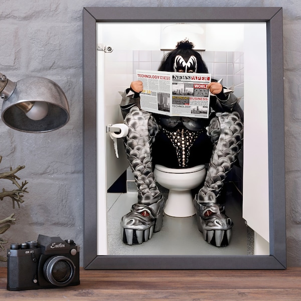 Kiss Band Gene Simmons in The Toilet Poster, Toilet Comic Poster, Home Wall Art, Printable Wall Art