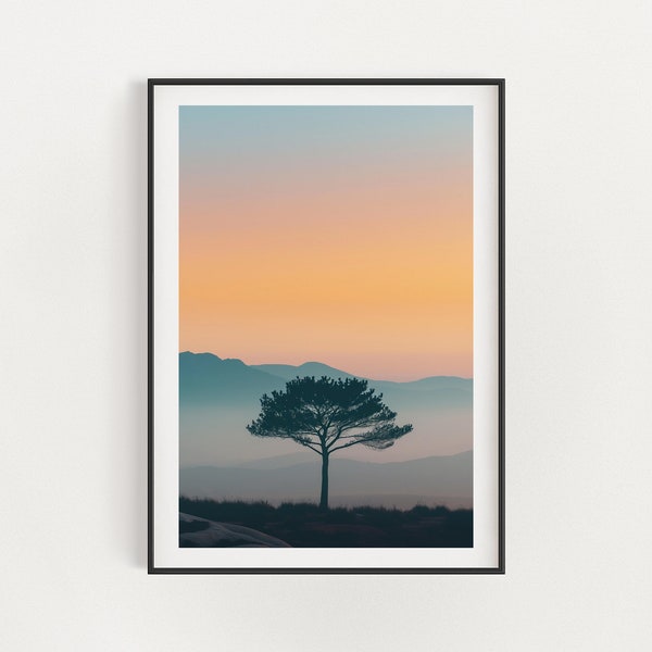 Twilight Calm: Solitary Tree Against Mountain Gradient Digital Wall Art
