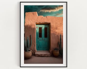 Santa Fe Adobe Kunstdruck: Türkise Tür, Hausdekor aus dem Südwesten (Digitaler Download)