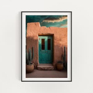 May include: A turquoise wooden door with two panels is set into a pink adobe wall. Two potted cacti flank the door, and the sky above is a dramatic mix of blue and gray clouds.