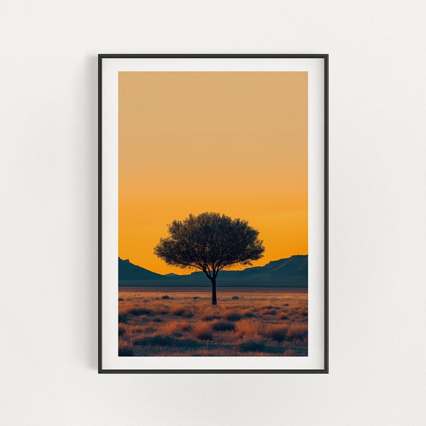 Golden Solitude: Lone Tree at Dusk | Landscape Photography Wall Art Print | Sunset Nature Home Decor | Digital Download