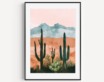 Serene Southwestern Desert: Cactus Landscape Digital Wall Art