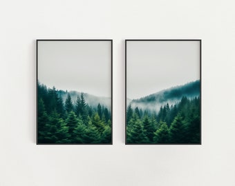 Misty Pine Forest Print Set, Minimalist Diptych, Serene Nature (Digital Download)
