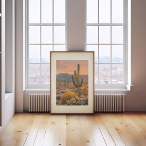 Southwestern Golden Hour: Saguaro Cactus Amidst Blooming Desert