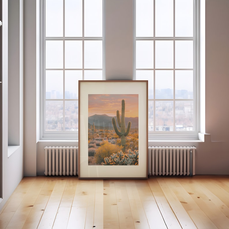 Southwestern Golden Hour: Saguaro Cactus Amidst Blooming Desert