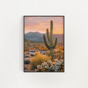Southwestern Golden Hour: Saguaro Cactus Desert Wall A