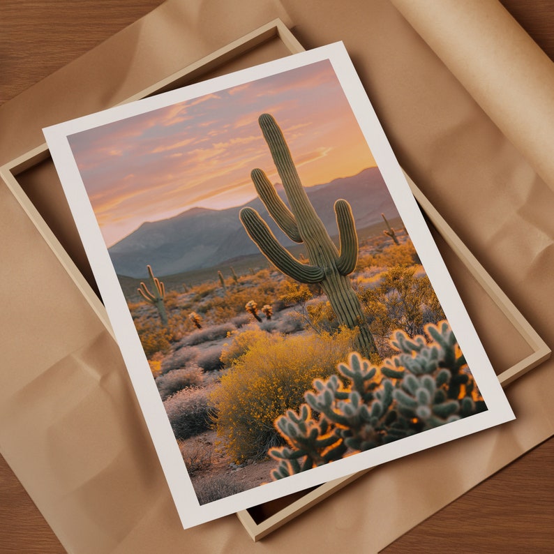 Southwestern Golden Hour: Saguaro Cactus Amidst Blooming Desert