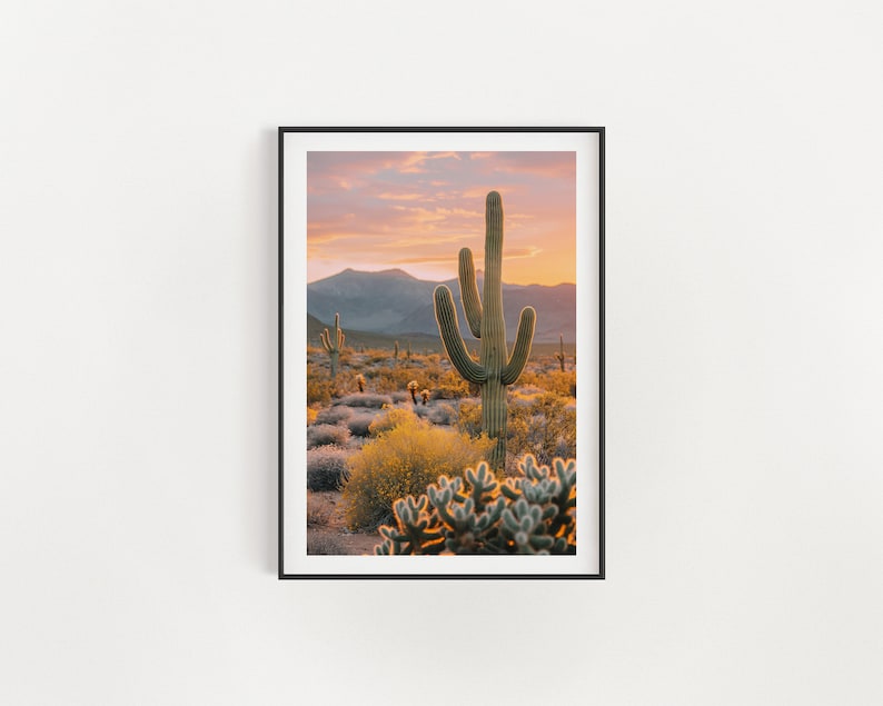 Southwestern Golden Hour: Saguaro Cactus Amidst Blooming Desert