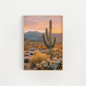 Southwestern Golden Hour: Saguaro Cactus Amidst Blooming Desert
