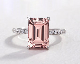 Halo Emerald Cut Morganite Engagement Ring For Women - 14k Solid Gold Emerald Cut Anniversary Ring For Her - Art Deco Wedding Ring For Bride