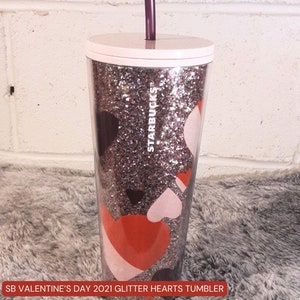 Starbucks Valentine&#39;s Day 2021 Glitter Hearts Frosted Glass Tumbler (24oz) - Limited Edition