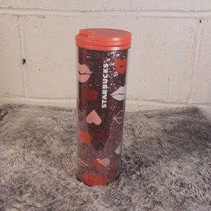 Starbucks Valentine's Day Red Lips Pink Hearts with Glitter Insulated Double Wall Tumbler 16 oz with Twist Lock Seal - Limited Edition