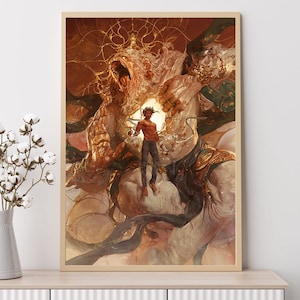 May include: A digital painting depicting a man standing within a swirling, golden vortex. The man is surrounded by a large, white, lion-like creature with an open mouth. The creature's body is adorned with intricate details and patterns.
