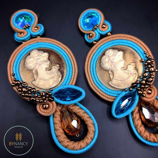 Handcrafted brown and blue Soutache Statement Earrings: Exquisite Beaded Dangle Earrings for Evening Wear and Special Occasions