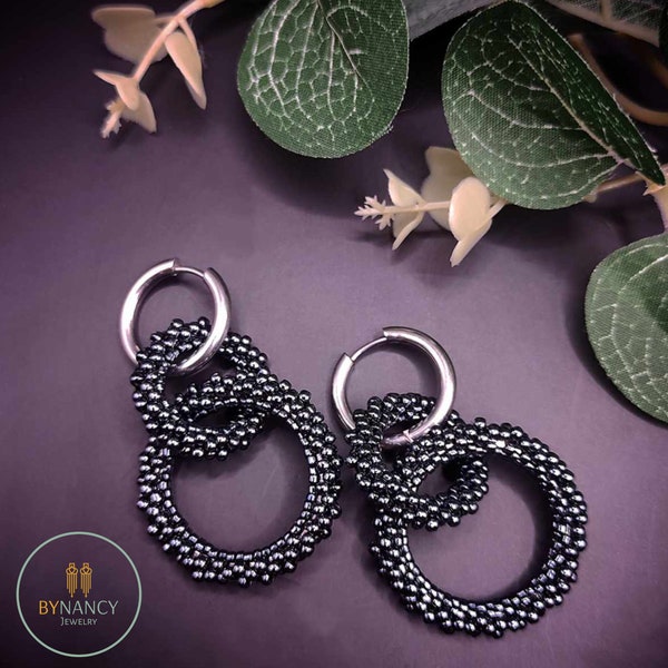 Enigmatic Elegance: Toho Glass Beaded Teardrop Earrings in Anthracite color.