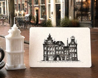 Dutch Canal Houses Art Postcard | Hand-Drawn Original Ink Drawing | Soy Candle Gift Set