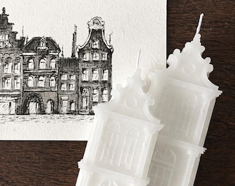 Dutch Canal Houses Art Postcard | Hand-Drawn Original Ink Drawing | Soy Candle Gift Set