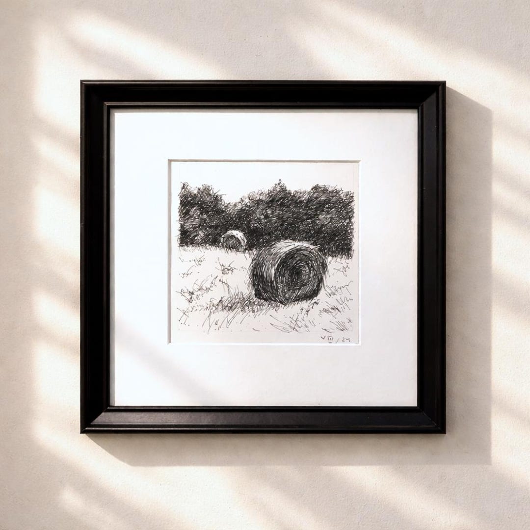 Original Ink Drawing Countryside Hay Bales | Black and White Tiny ...