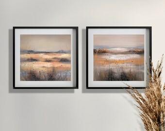 Impasto Gallery Wall Set Paesaggio al tramonto Dipinto ad olio originale su tela in colori tenui