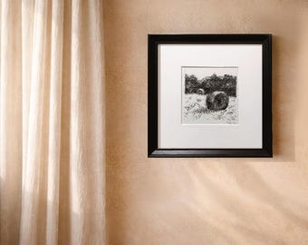 Original Ink Drawing Countryside Hay Bales | Black and White Tiny Haystacks in a Field