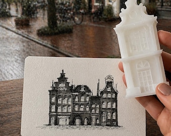 Hand-Drawn Dutch Canal Houses Art Postcard | Original Ink Drawing, Soy Candle Gift Set