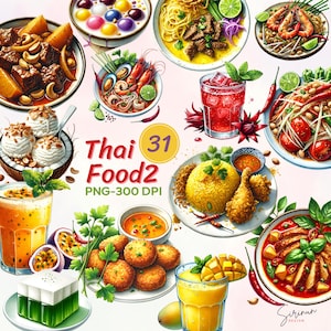 Thai Food 2, Nudeln, Asiatisches Essen, Sublimation, Aquarell Clipart Bundle von 31 transparenten Hintergrund Download PNG-Dateien Kommerzielle Nutzung