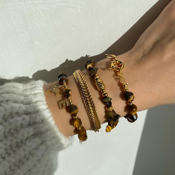 Personalized Tiger Eye Bracelet Set Customize with Initials and Zodiac Signs,Tiger Eye Bracelet With Natural Stone Crystal Beaded Bracelet