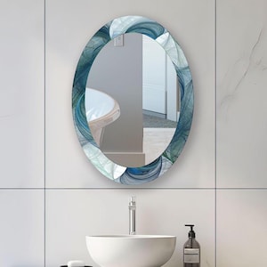 Blue Abstract Oval Wall Mirror: Tempered Glass Bathroom Decor
