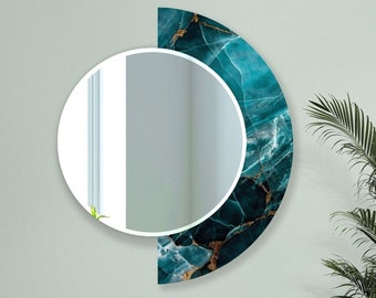 Halbkreisspiegel-Asymmetrischer Spiegel-Grüner Marmorspiegel auf Kunstglas aus gehärtetem Glas-Eingangsspiegel-Dekor-Runder Spiegel für Badezimmer
