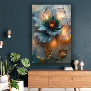 Gold & Blue Floral Tempered Glass Wall Art: Modern Botanical Print
