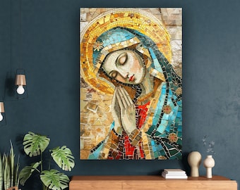 Virgin Mary Tempered Glass Wall Art: Christian Mosaic Print