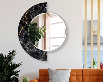 Half Circle Mirror-Asymmetrical Mirror-Geometric Mirror-Handmade Mirror on Tempered Glass-Entryway Mirror-Black Marble Mirror for Bathroom