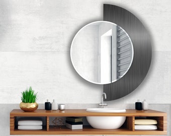 Half Circle Mirror-Asymmetrical Mirror-Silver Mirror on Tempered Glass Wall Mirror-Entryway Hallway Mirror-Round Mirror for Bathroom