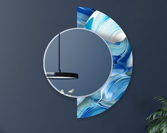 Halbkreisspiegel-Asymmetrischer Spiegel-Blauer Spiegeldekor-Handgefertigter Spiegel auf gehärtetem Glas-Eingangsspiegel-Runder Spiegel für Badezimmer